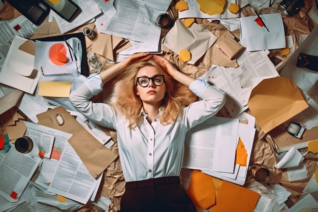 Une vue de dessus d'une jeune femme d'affaires scandinave allongée sur le sol qui est pleine de papiers et de documents dans une scène de bureau Generative AI AIG30