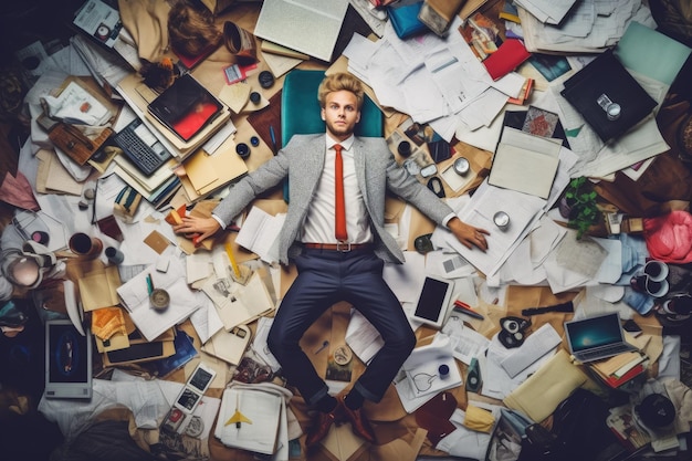 Photo vue de dessus d'un jeune homme d'affaires scandinave surmené allongé sur le sol et rempli de papiers et de documents dans une scène de bureau image ia générative aig30