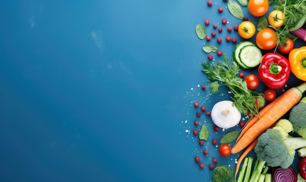 Vue de dessus légumes sur fond bleu profond espace de copie ingrédient de cuisine carotte tomates concombre poivre brocoli oignon bannière d'aliments biologiques végétariens AI générative