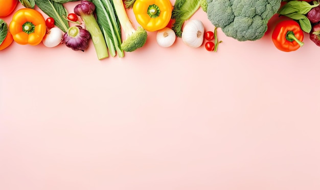 Vue de dessus légumes sur fond rose espace de copie ingrédient de cuisine carotte tomates concombre poivre brocoli oignon bannière d'aliments biologiques végétariens AI générative