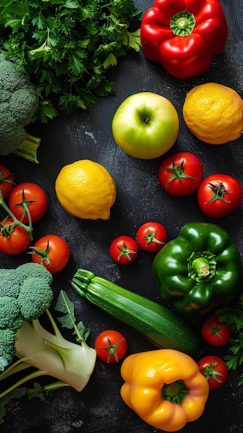 Vue de dessus légumes et fruits courgettes bell peppy Ai générative