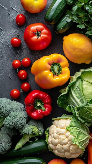 Vue de dessus légumes et fruits courgettes bell peppy Ai générative