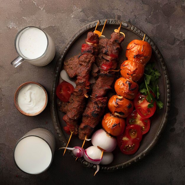 Vue de dessus lule kebab avec tomate et oignon et ayran sur fond de pierre