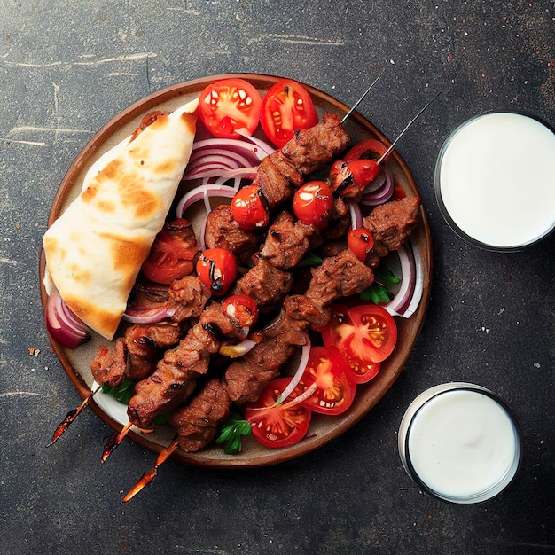 Vue de dessus lule kebab avec tomate et oignon et ayran sur fond de pierre