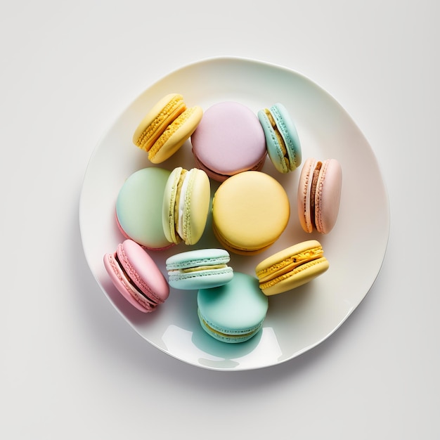 Photo vue de dessus macarons français dans une assiette blanche