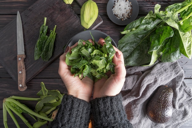 Vue de dessus mains tenant une salade bio