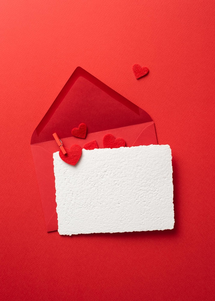 Photo vue de dessus maquette de carte de voeux saint valentin avec enveloppe sur fond rouge et coeurs. mise à plat avec espace de copie
