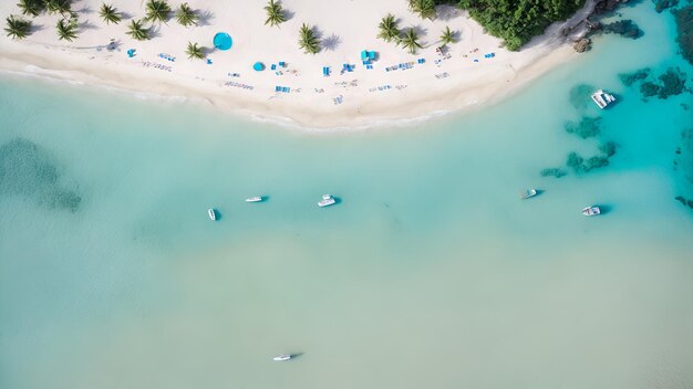 La vue de dessus montre le bord de l'île avec la forêt verdoyante, le sable blanc et la plage bleue