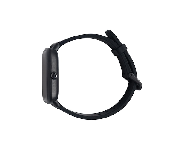 Vue de dessus d'une montre-bracelet noire ou d'un tracker de fitness isolé sur fond blanc