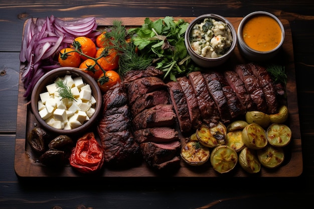 Vue de dessus des morceaux de viande rôtis sur une planche de bois