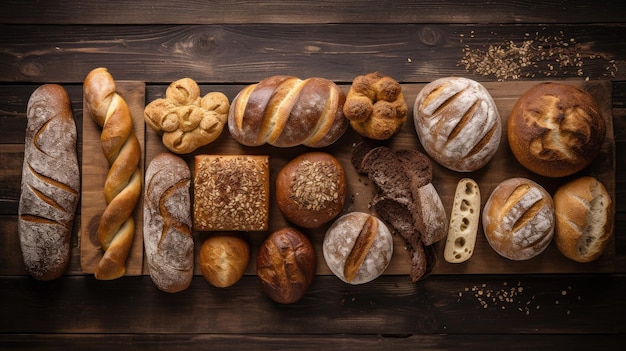 Vue de dessus de nombreux types de pain sur fond de bois