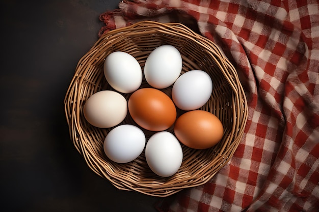 Vue de dessus des œufs de poule frais à l'intérieur du panier sur une table sombre