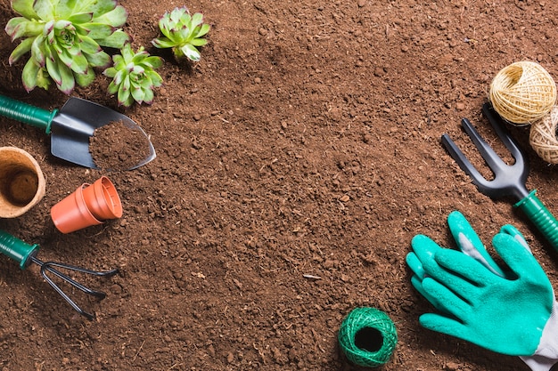 Photo vue de dessus des outils de jardinage sur le sol