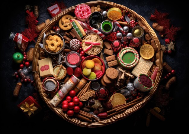 Photo vue de dessus d'un panier de noël débordant de délicieuses friandises capturées à vol d'oiseau