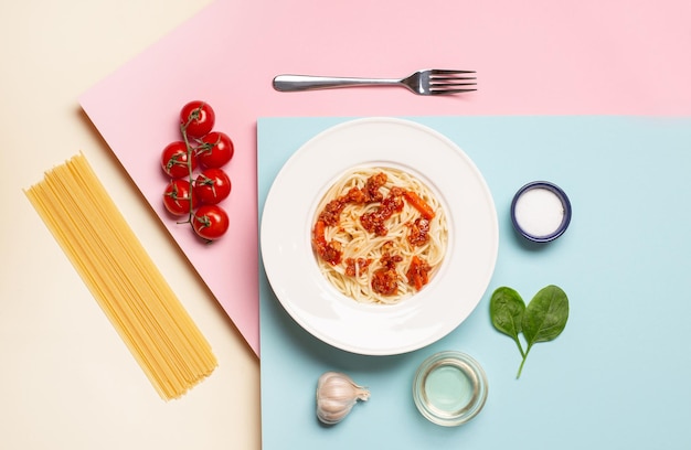 Vue de dessus des pâtes avec de la viande près des feuilles de basilic ail tomate et fourchette sur fond bleu rose beige