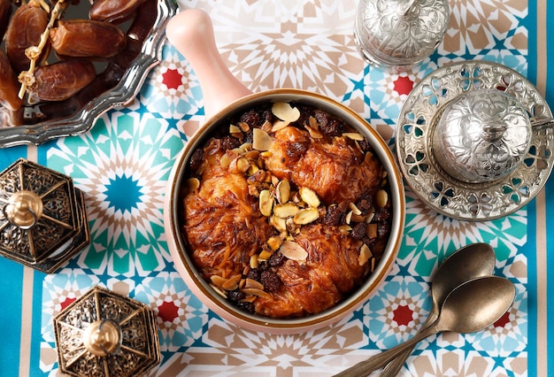 Vue de dessus Pâtisserie Croissant Pain Crémeux Pudding Égyptien Um Ali ou Oum Ali Soakede Pâtisserie avec Garniture De Lait Aux Amandes Raisin Et Pistache Populaire Pour Ramazan