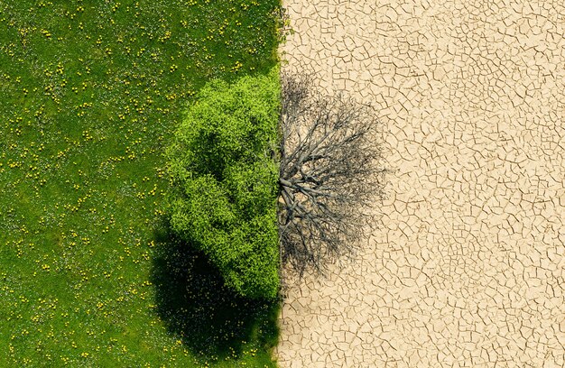 vue de dessus d'un paysage verdoyant dont la moitié est en sécheresse