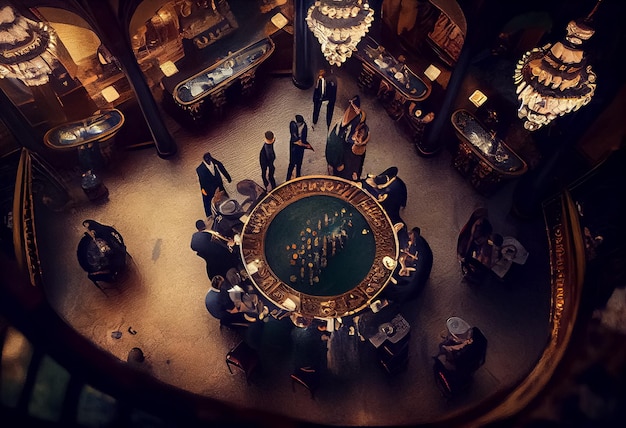 Vue de dessus des personnes jouant à la roulette à table dans le casino AI