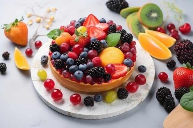 Vue de dessus petit gâteau aux fruits frais sur un bureau blanc