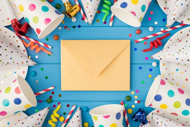 Vue de dessus photo de la composition de la fête d'anniversaire fermée enveloppe en papier kraft au milieu bougies en spirale tuyaux pailles rayés chapeaux confettis tasses et assiettes en papier sur fond de table en bois bleu isolé