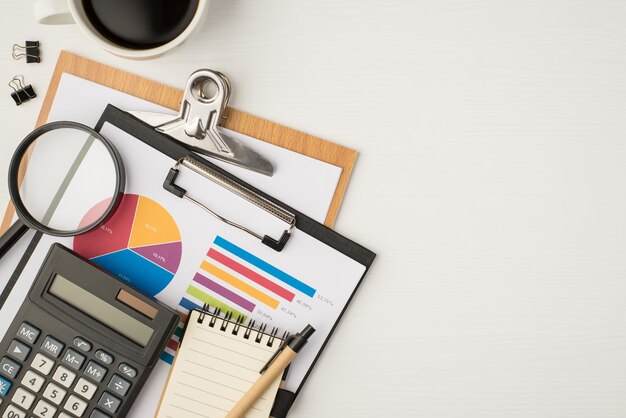 Vue de dessus photo du lieu de travail d'affaires avec deux dossiers camembert diagramme tasse de liants à café loupe verre calculatrice cahier et stylo sur fond blanc isolé avec fond