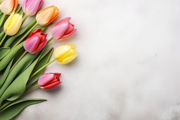 Vue de dessus Photo de fleurs de tulipes sur fond clair isolé Ai générative