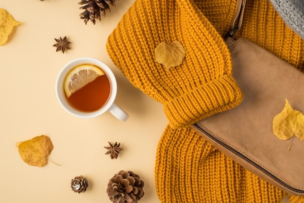 Vue de dessus photo de tasse de thé avec sac à main en cuir citron chandail orange feuilles d'automne jaune anis et pommes de pin sur fond beige isolé