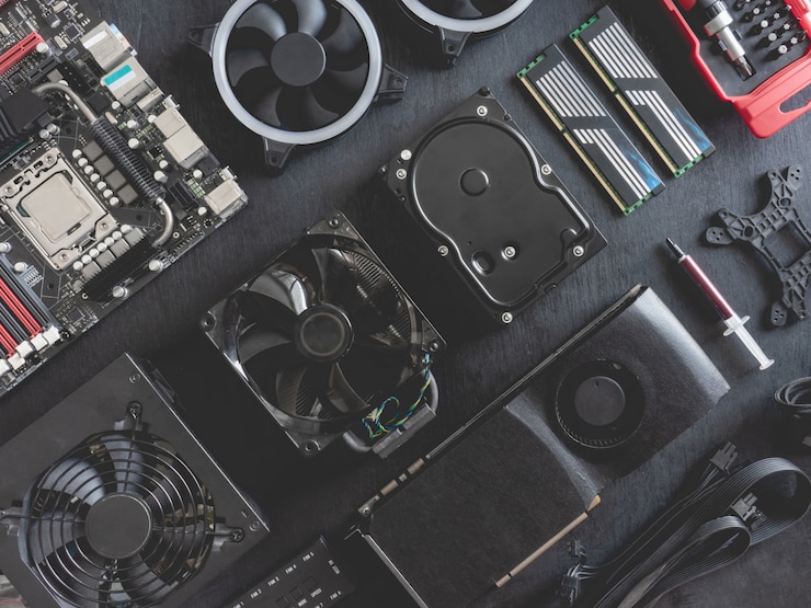 Photo vue de dessus des pièces d'ordinateur avec disque dur, ram, cpu, carte graphique et carte mère sur fond de tableau noir.