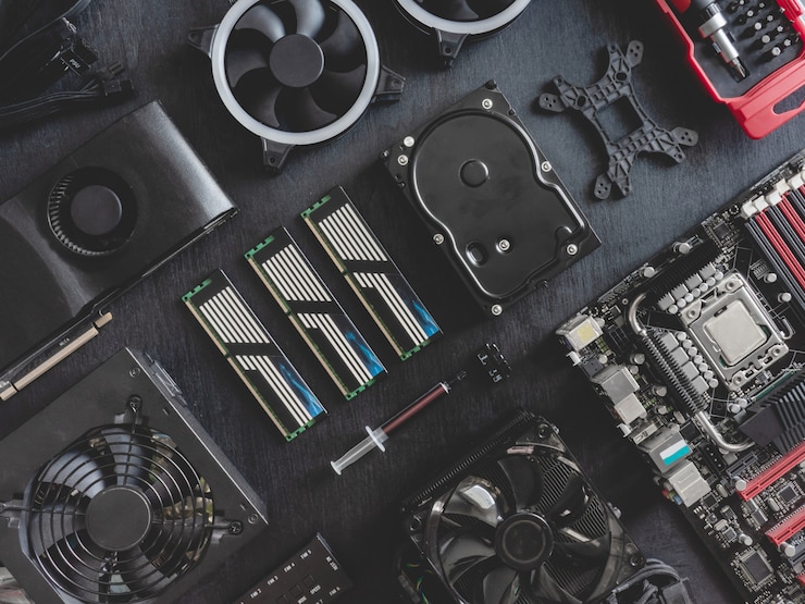 Photo vue de dessus des pièces de l'ordinateur avec disque dur, ram, cpu, carte graphique et carte mère