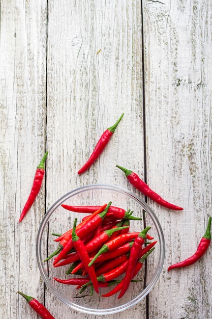 Vue de dessus de piments rouges dans un bol transparent sur une table en bois blanc