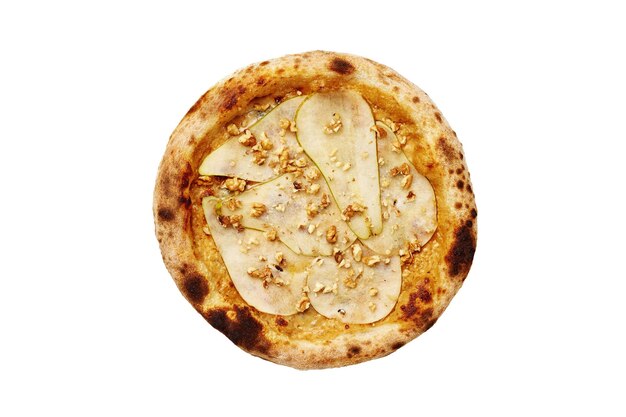 Vue de dessus de la pizza au gorgonzola, poire et noix isolé sur fond blanc