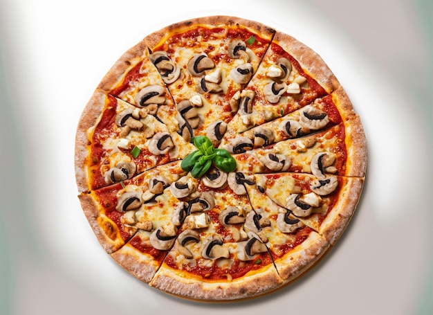 vue de dessus de pizza aux champignons sur fond blanc