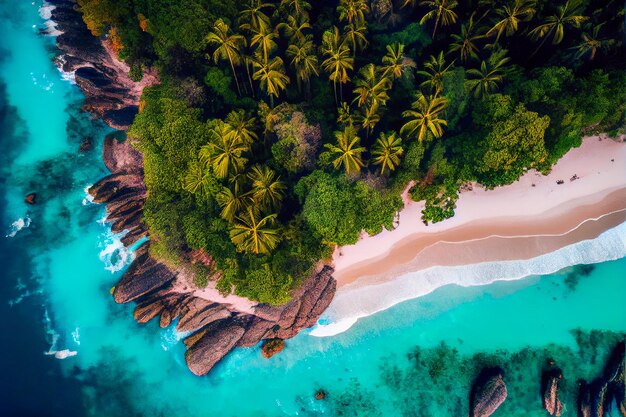 Vue de dessus de la plage de l'île tropicale avec palmiers illustration 3d AI générative