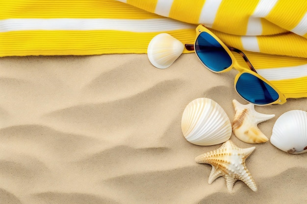 vue de dessus de la plage de sable avec cadre de serviette jaune et blanc à rayures lunettes de soleil blanches et coquillages g