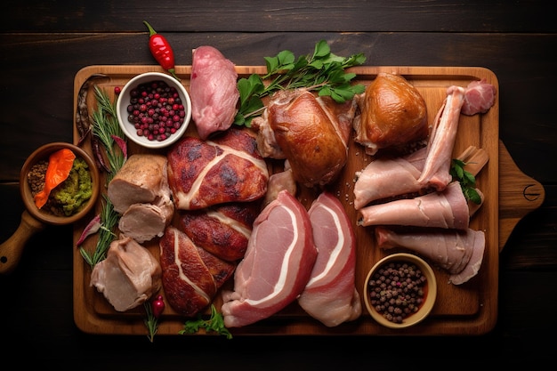 vue de dessus d'une planche à découper en bois avec des morceaux de viande crue pour la cuisson AI générative