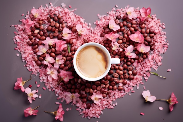 Vue de dessus à plat d'un café et d'un arrangement floral le jour de la Saint-Valentin