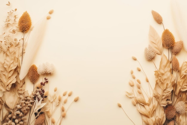 Vue de dessus à plat, maquette de feuilles et de fleurs d'herbe naturelle sur fond beige avec espace de copie