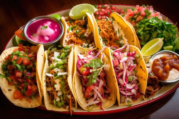 Vue de dessus d'un plateau rempli de tacos délicieux et colorés avec un gros plan de