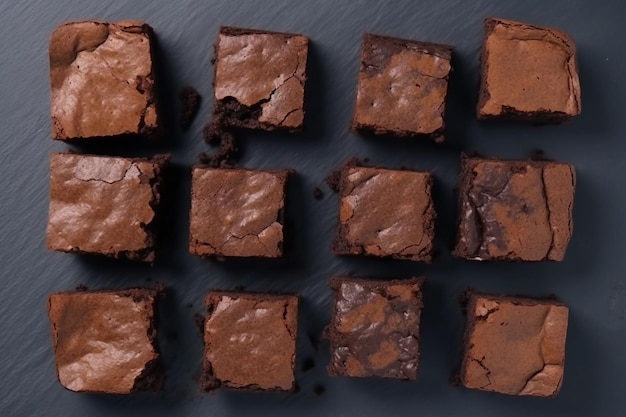 Vue de dessus de plusieurs morceaux de brownie coupés en carrés générative ai