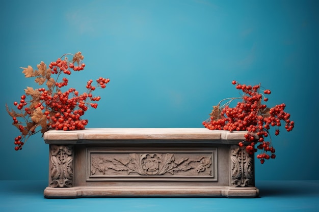 Vue de dessus d'un podium en bois avec des baies de sorbier d'automne sur fond bleu créant une scène conceptuelle