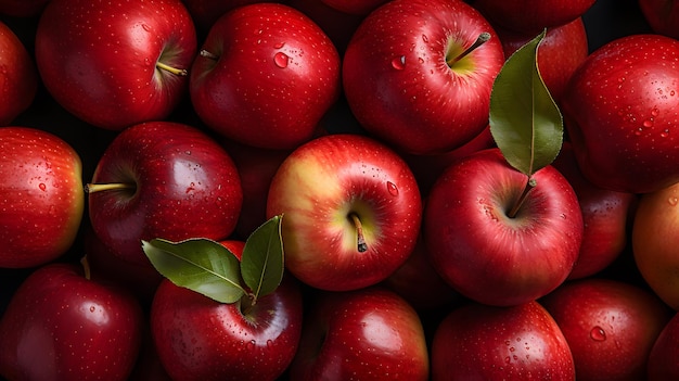 Vue de dessus de pommes rouges parfumées mûres et brillantes avec des gouttes d'eau en arrière-plan