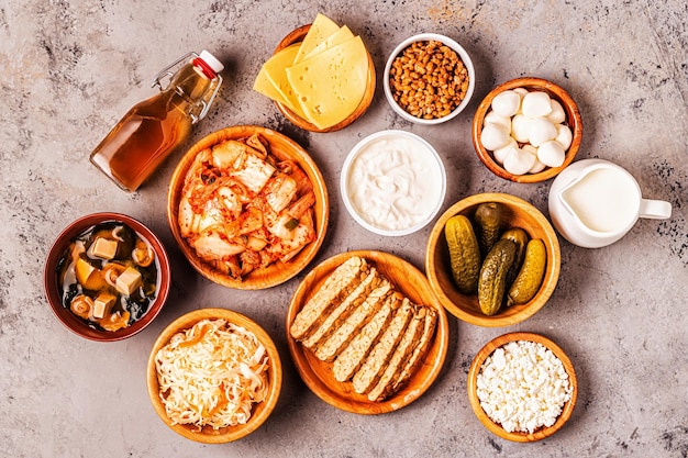 Photo vue de dessus des probiotiques alimentaires fermentés