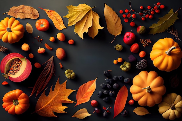 Vue de dessus des produits d'automne Flatlay Ingrédients de cuisine végétalienne d'automne Generative Ai