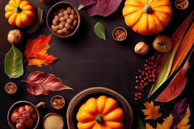 Vue de dessus des produits d'automne Flatlay Ingrédients de cuisine végétalienne d'automne Generative Ai