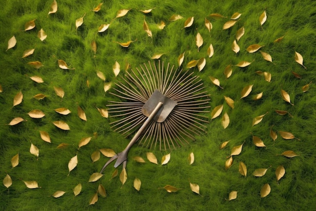 Photo vue de dessus d'un râteau sur l'herbe avec des feuilles éparses créées avec une ia générative