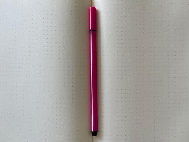 Vue de dessus recadrée en gros plan d'un stylo rose entre les pages d'un cahier