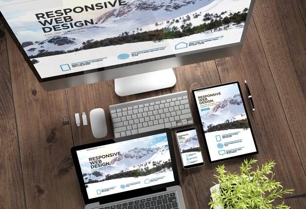 Photo vue de dessus de rendu 3d des appareils avec site web réactif à l'écran sur un bureau en bois