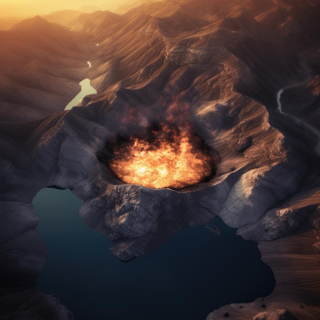 Vue de dessus d'un réservoir rempli d'eau situé dans les montagnes avec Ai générateur de feu