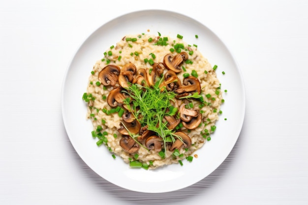 Vue De Dessus Risotto Aux Champignons Végétaliens Sur Un Fond Blanc Boardon En Bois