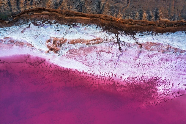 Vue de dessus de la rive salée du lac Pink